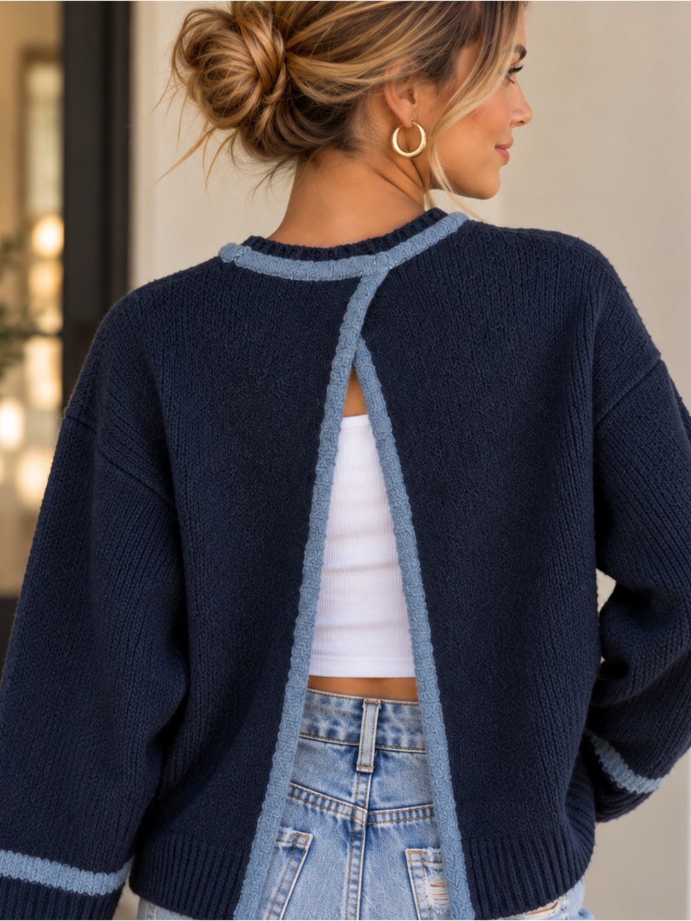 ZARA Navy & Dusty Blue Crew Neck Long Sleeve Oversized Open Back Sweater Size Sm